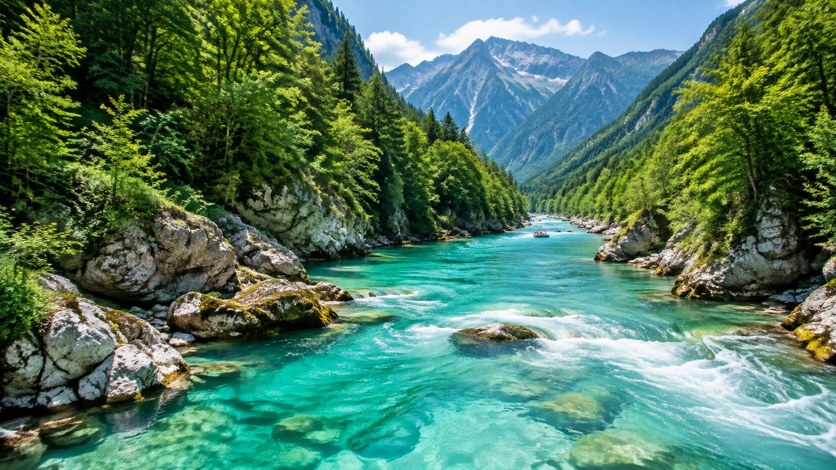 A turquoise river flowing through a scenic canyon surrounded by lush green forests and jagged mountains.