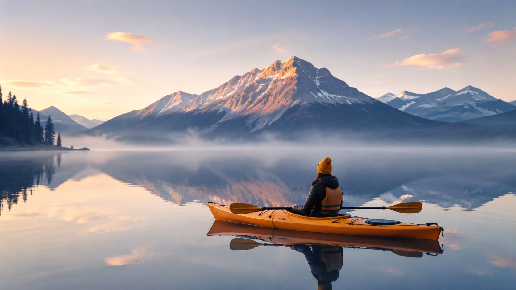 A person in a yellow kayak floats on a calm, misty lake during a serene golden sunrise.