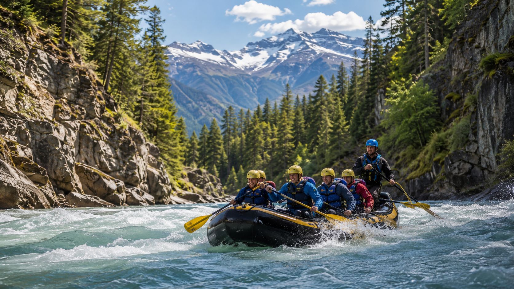 A group of people wearing life jackets and helmets rafting down a scenic river surrounded by mountains.
