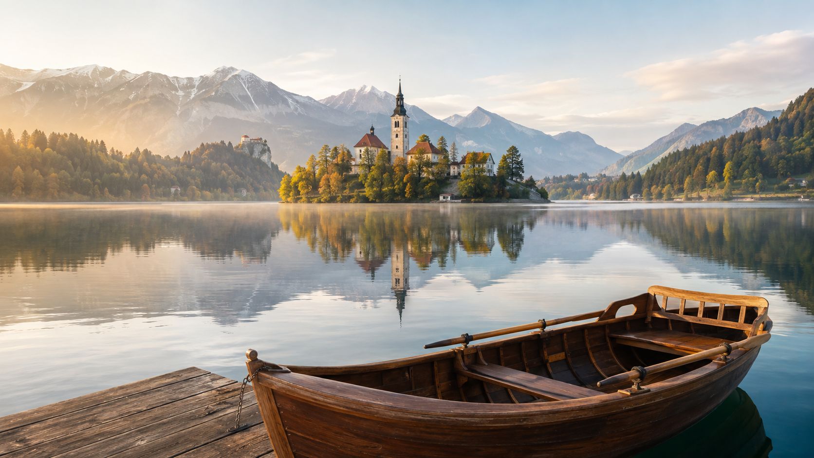 A serene morning view of a wooden rowboat on Lake Bled with a church island in Slovenia.
