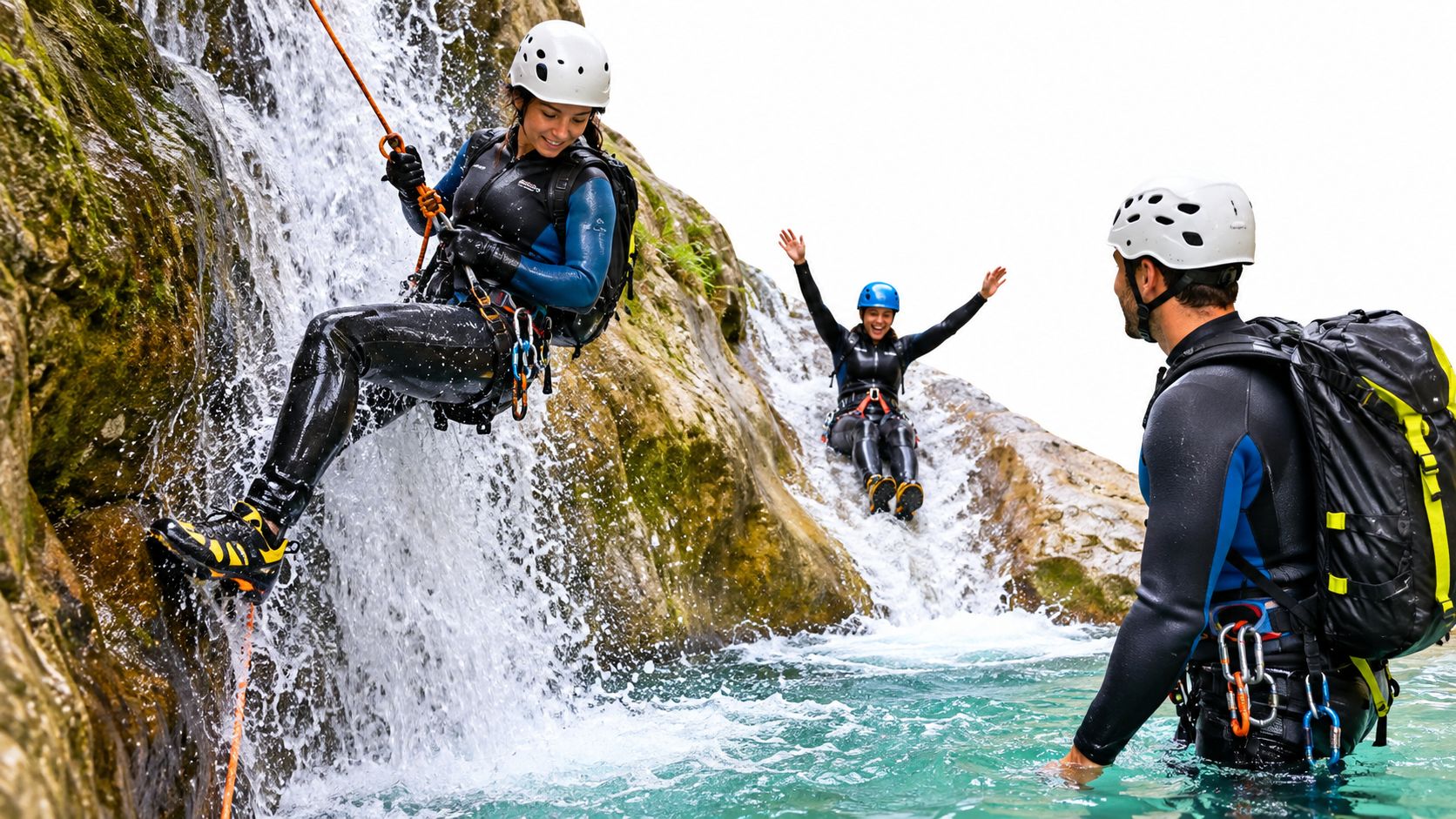 Three people in wetsuits and helmets canyoning down a scenic waterfall into a turquoise pool in Slovenia.