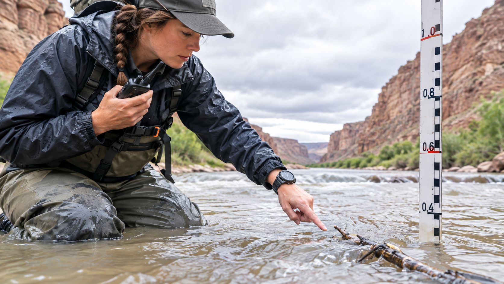 A female scientist in waders checking river water levels using a graduated measuring staff in a canyon.