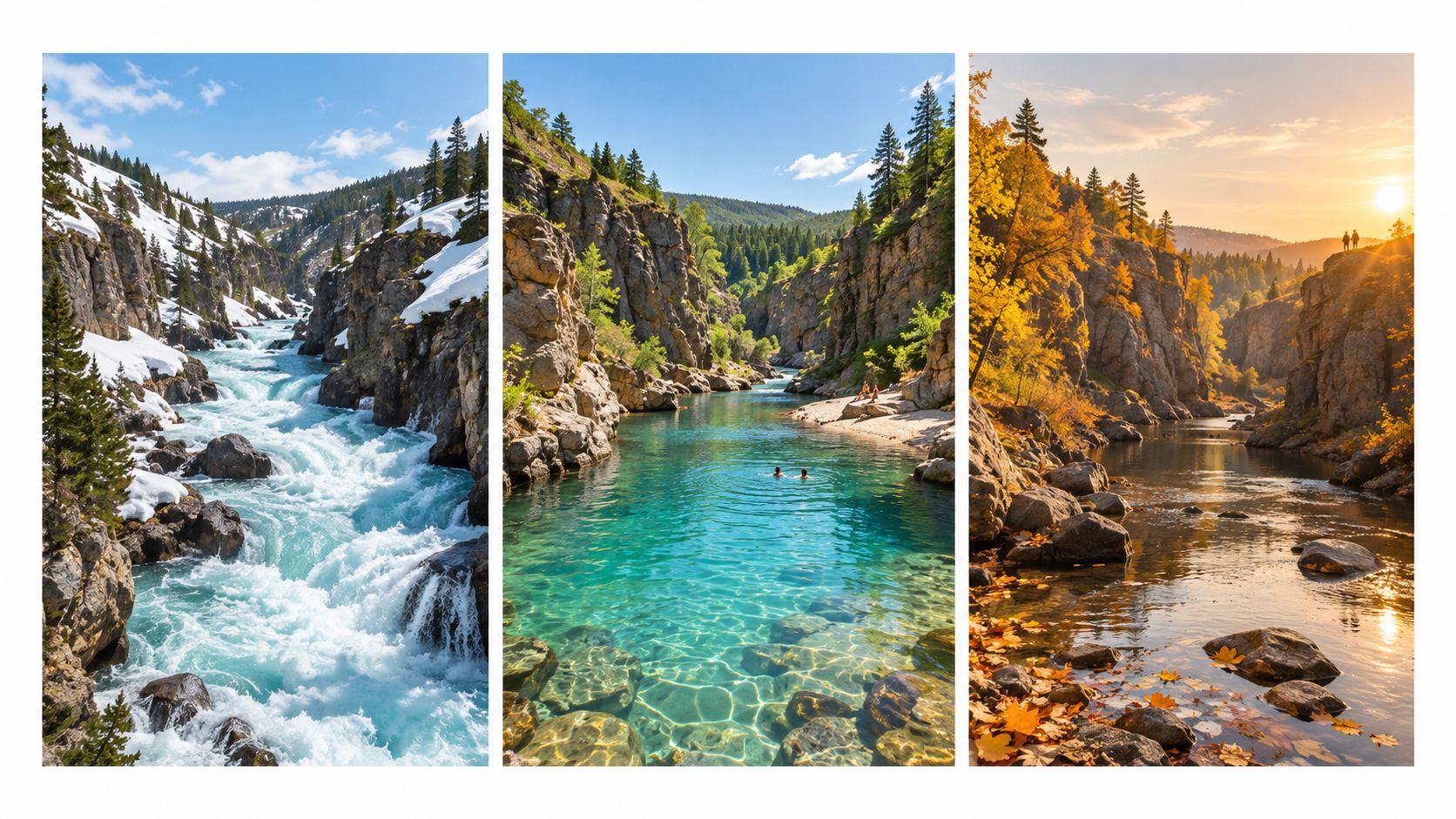 A composite image showing the seasonal changes of a scenic river canyon in Slovenia throughout the year.