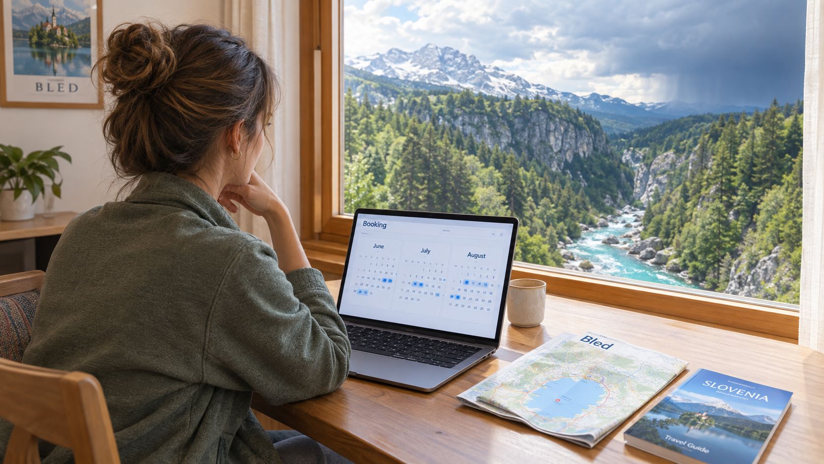 A woman planning a canyoning trip to Slovenia on her laptop while overlooking a scenic mountain river.