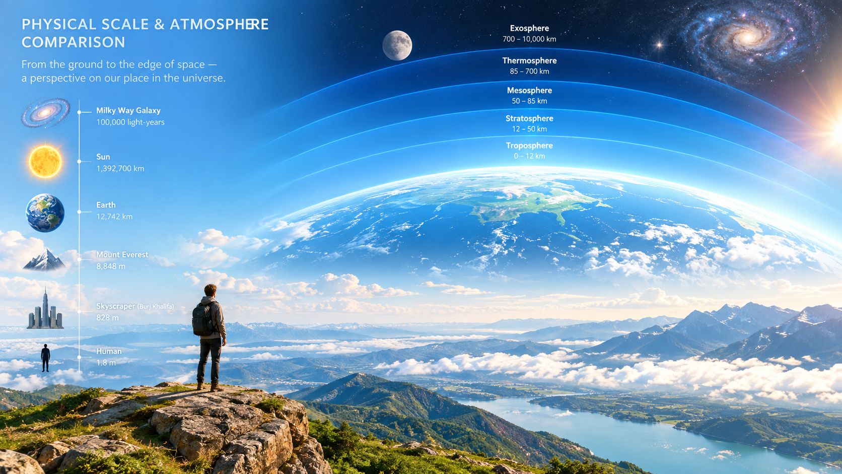 A visual comparison infographic showing the scale of atmospheric layers from the human to space.