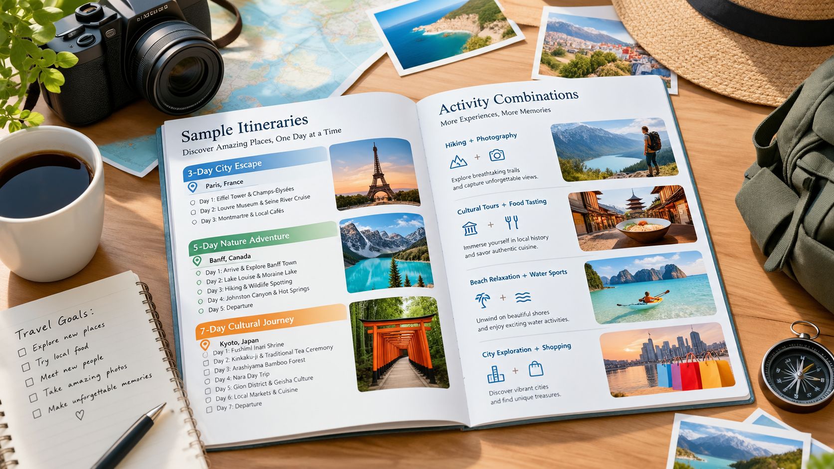 Open travel journal with example itineraries and activity combinations resting on a wooden desk with travel accessories.
