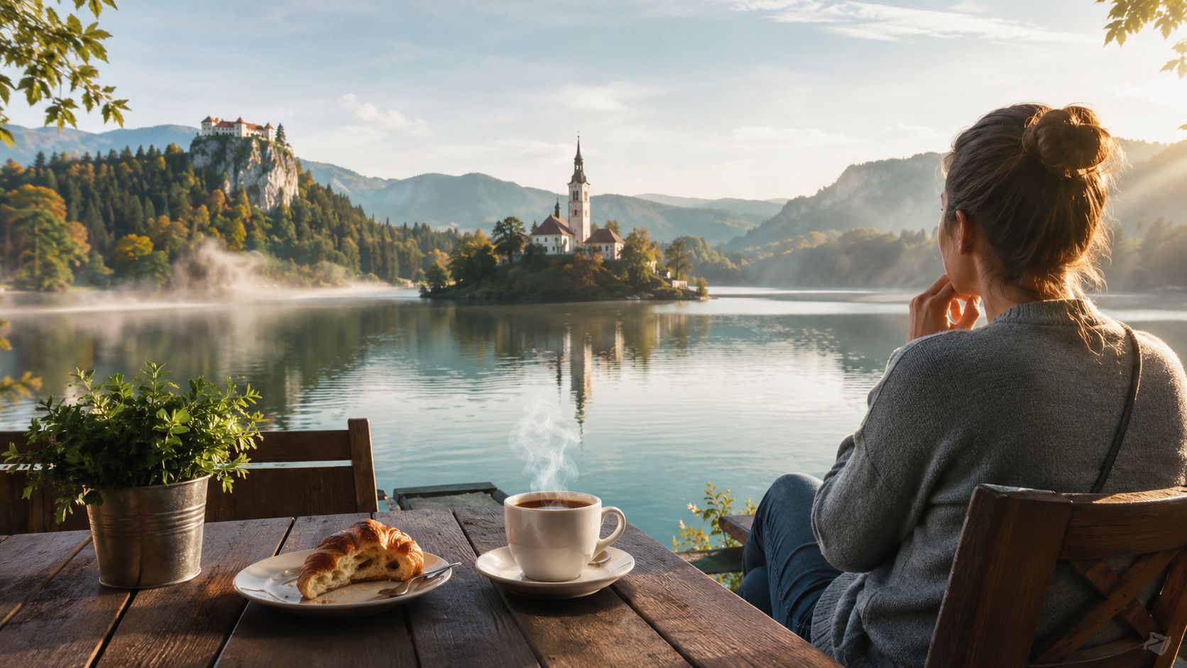 A young woman enjoying breakfast with a steaming cup of coffee overlooking the scenic Lake Bled island.