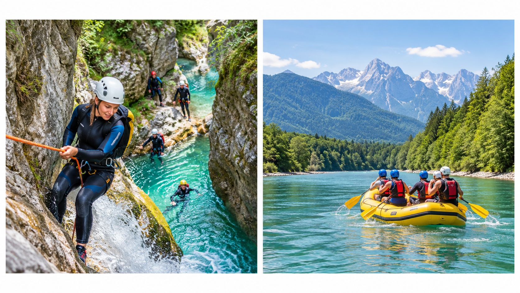 A split image showing a woman canyoning on the left and a group rafting on the right.