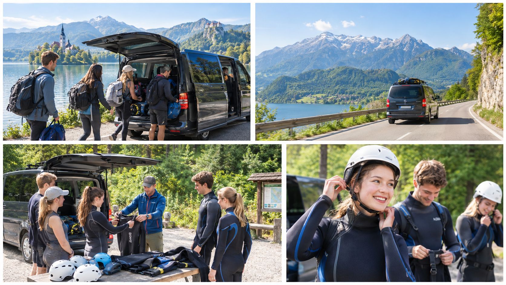 A group of friends prepares for a canyoning adventure by loading gear into a van and putting on wetsuits.