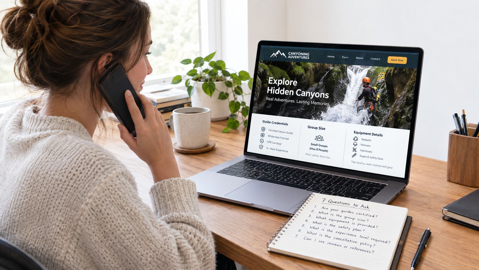 A woman talking on her phone while looking at a canyoning adventure website on her laptop.