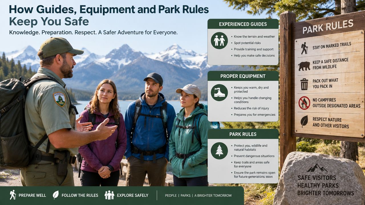 A park ranger providing safety instructions to hikers in front of an educational sign about outdoor safety.