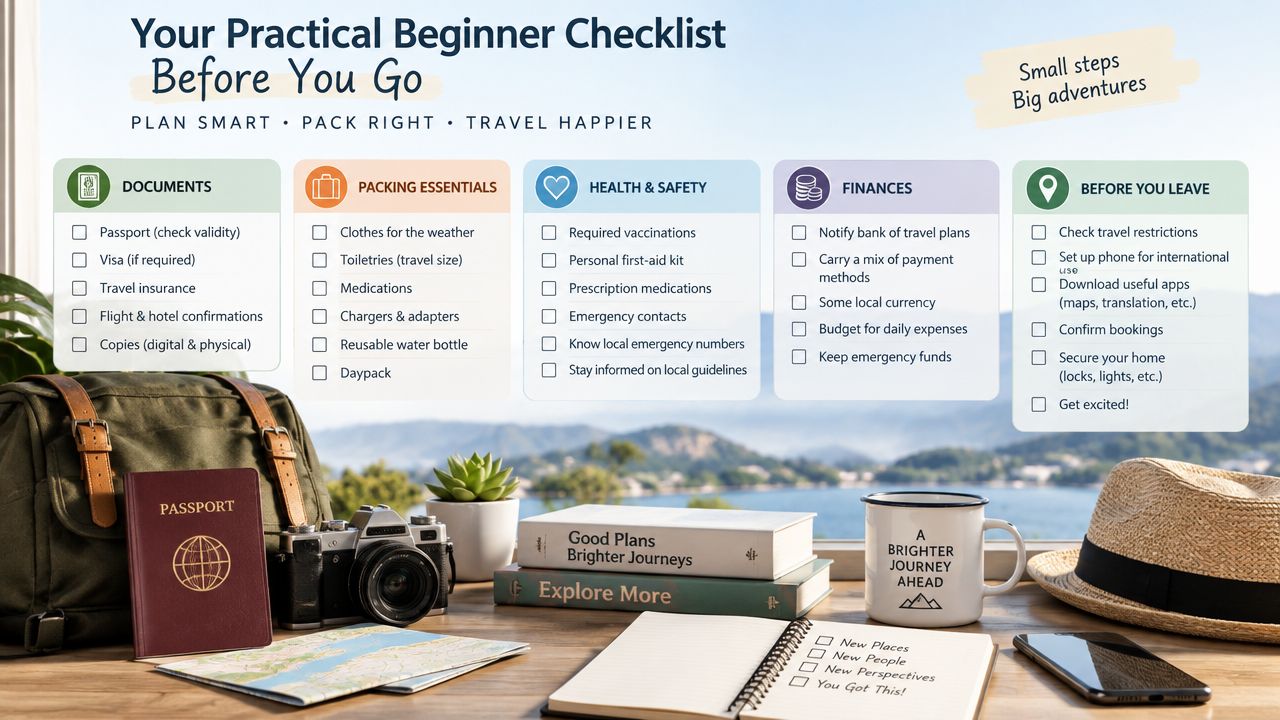 A travel planning checklist with categories for documents, packing, health, finances, and preparations on a desk.