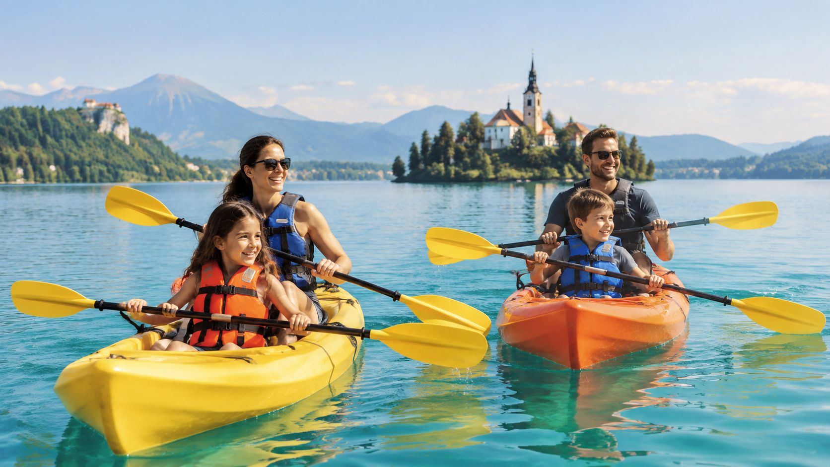 A family of four enjoying a sunny day kayaking on Lake Bled in Slovenia with the island church.