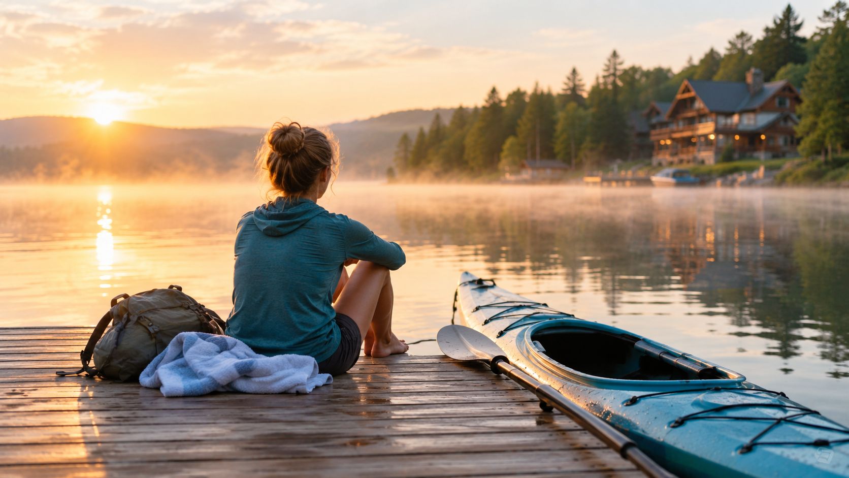 A young woman sits on a wooden dock next to her kayak watching a sunrise over lake.