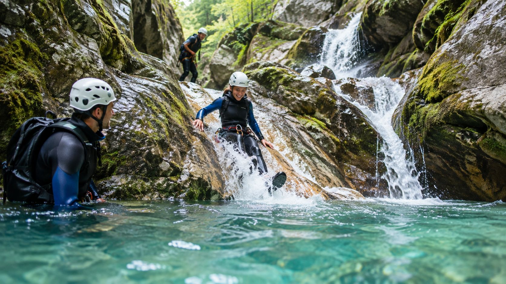 A woman sliding down a rocky waterfall into a clear turquoise pool while friends watch nearby.
