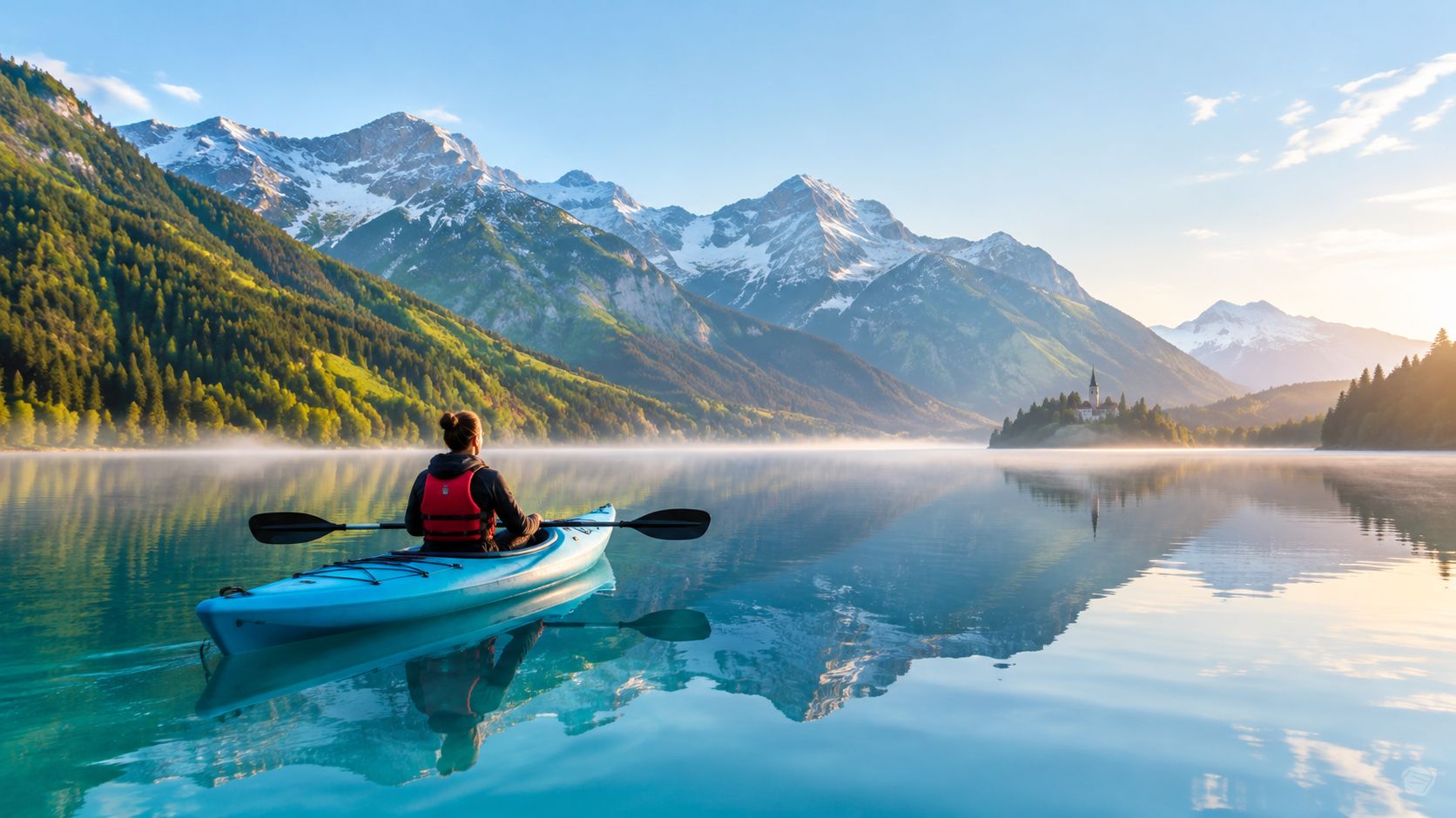 A person paddling a blue kayak on a calm, misty lake surrounded by scenic snow-capped mountains.