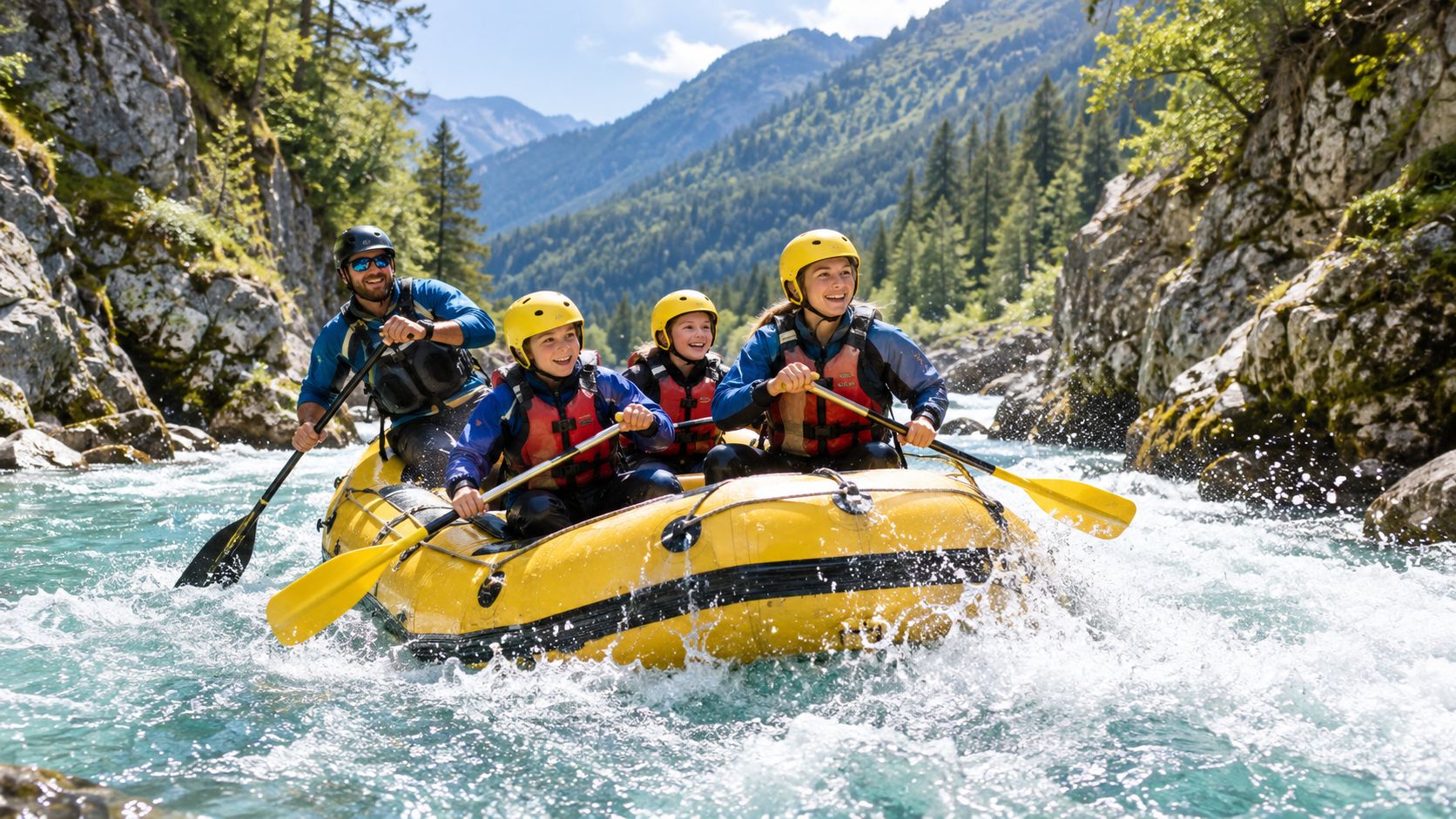 A family of four enjoys a thrilling whitewater rafting adventure on a turquoise river in Bohinj.