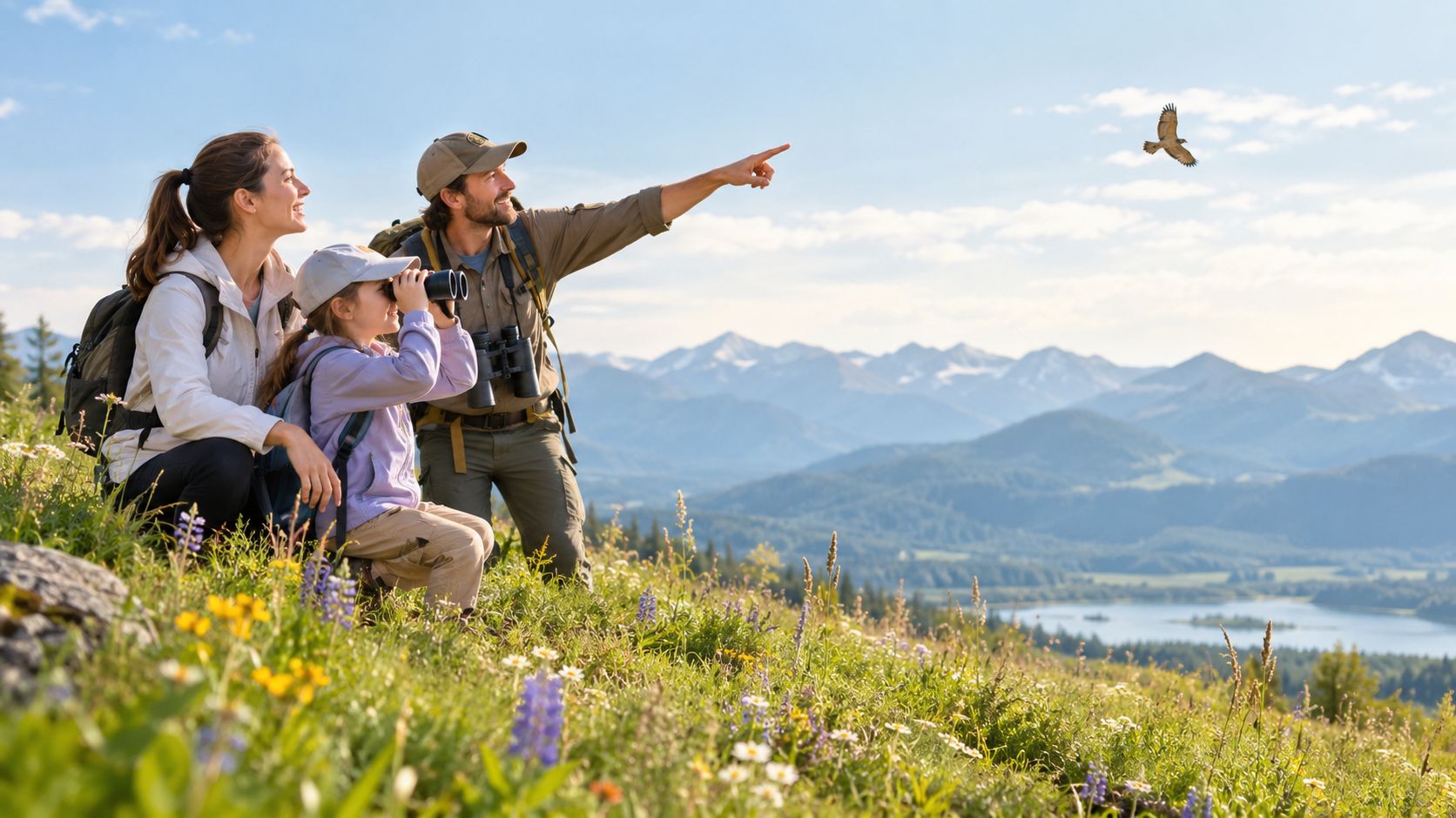 A family of three enjoys birdwatching together in the scenic mountains of Bohinj on a sunny day.