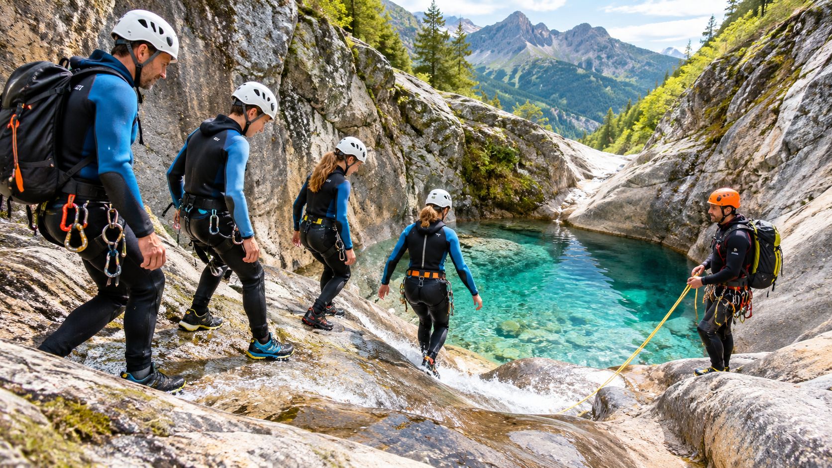A group of people wearing wetsuits and helmets preparing for canyoning in a scenic mountain stream.