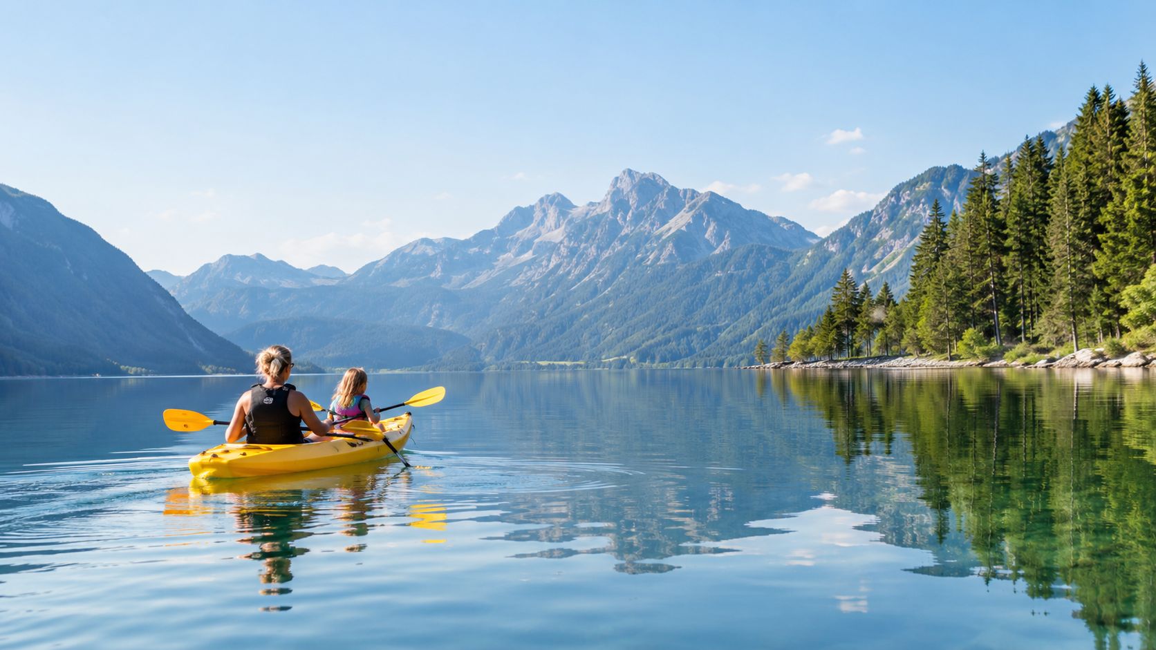 A mother and child paddling in a yellow kayak on the calm waters of Lake Bohinj, Slovenia.