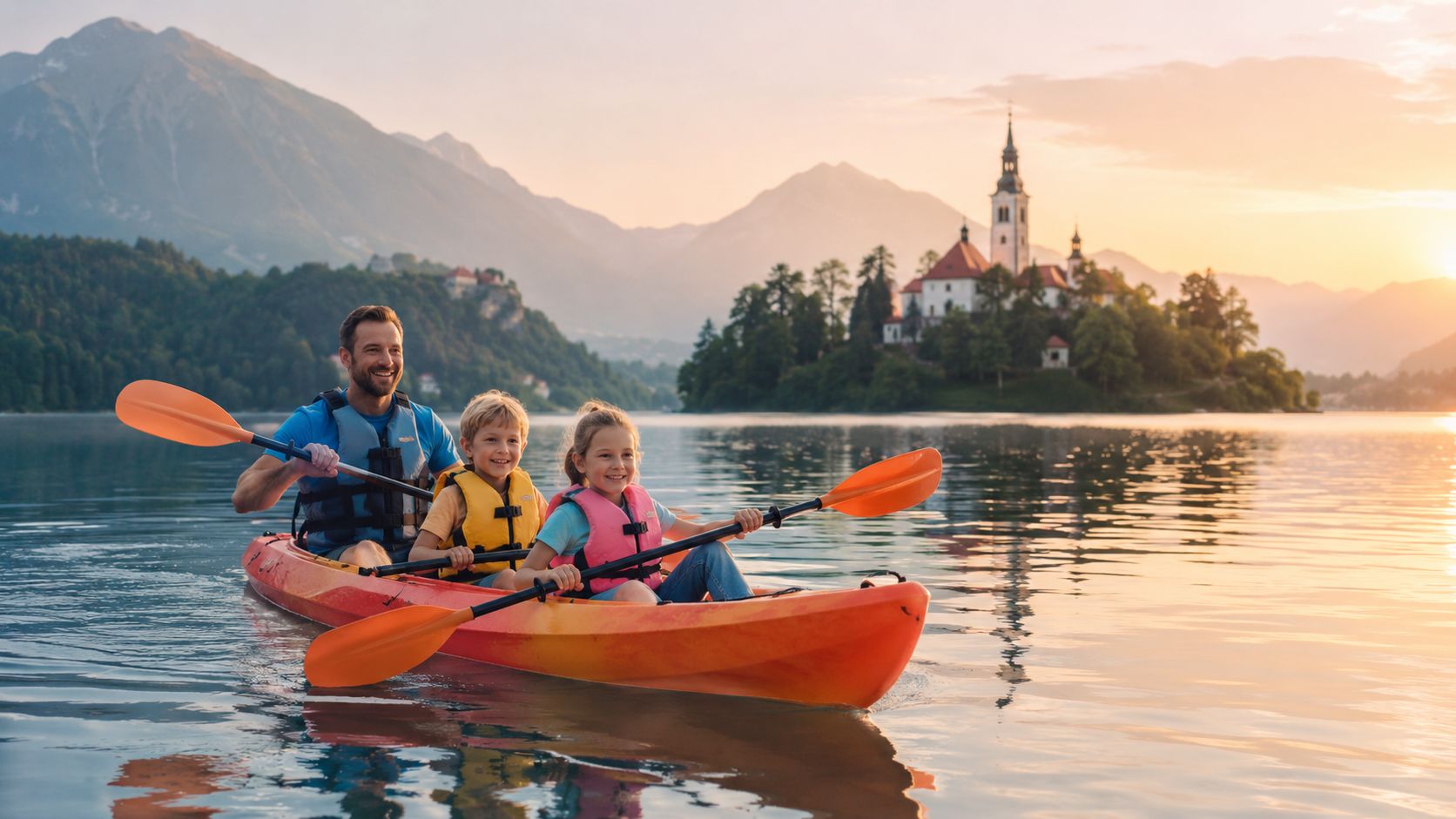 A happy father and his two children kayaking together on the calm waters of Lake Bled, Slovenia.