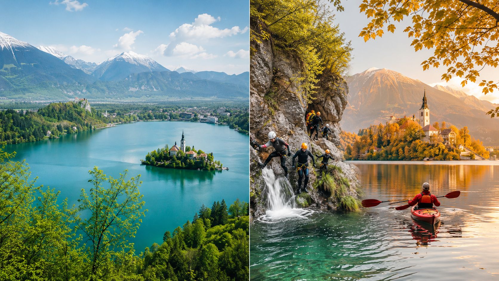 A split image showing Lake Bled with a church island and adventure activities like kayaking and canyoning.