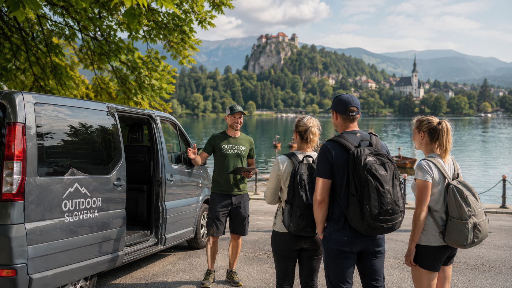 A tour guide speaks to a group of three tourists by a van near Lake Bled in Slovenia.