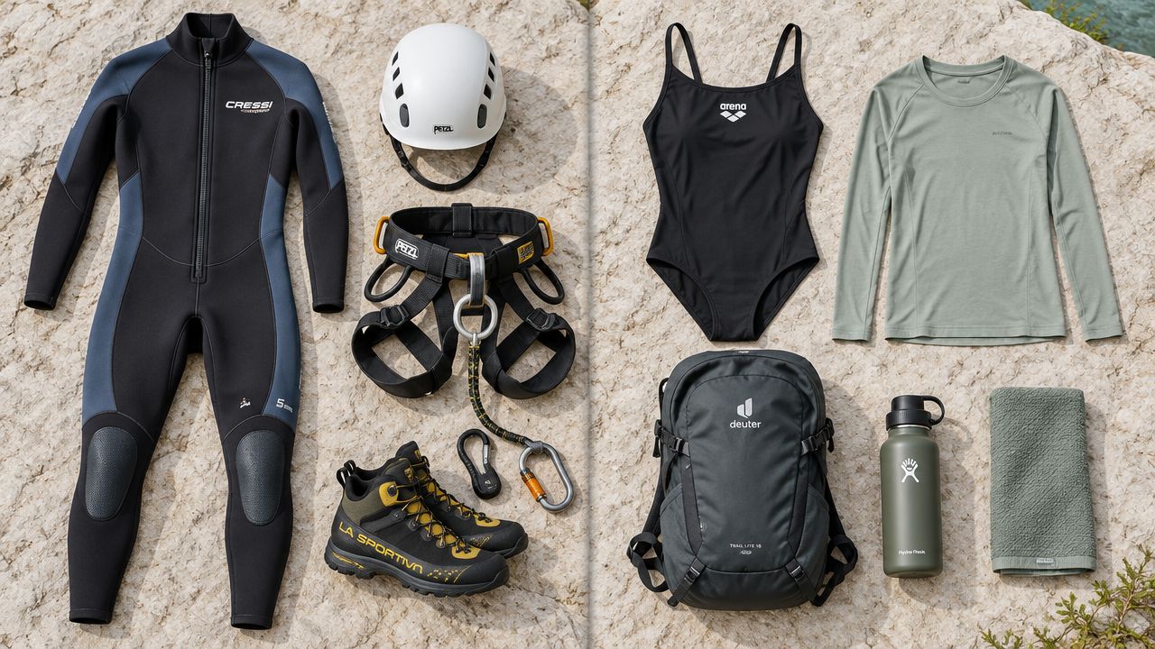 An organized flat lay of essential outdoor equipment for canyoning adventures arranged on a rock surface.