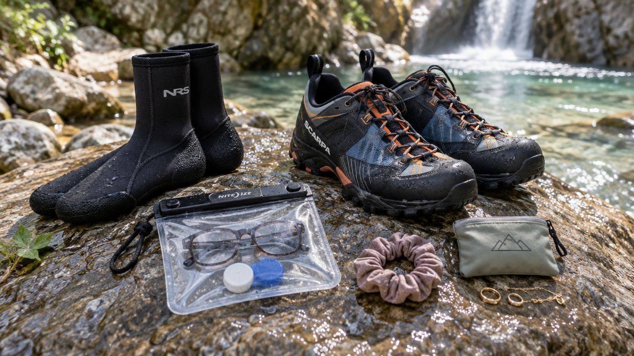 A collection of canyoning gear including water shoes, hiking shoes, and waterproof storage on a wet rock.
