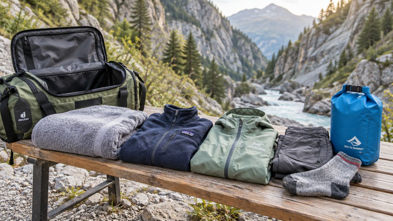 A travel bag and outdoor clothing laid out on a wooden bench with a river and mountains behind.
